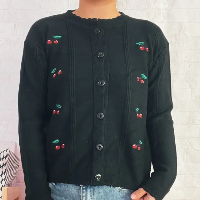 Cherry Embroidered Cute Style Wavy Round Neck Single breasted Sweater Cardigan Black - Shop at LoveMi