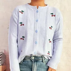 Cherry Embroidered Cute Style Wavy Round Neck Single-breasted Sweater Cardigan - Blue - View 1