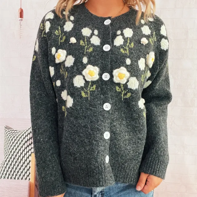 Flower Embroidered Crew Neck Long Sleeve Single breasted Sweater Cardigan Dark Gray - Shop at LoveMi