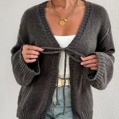 Sexy Deep V-neck Lace-up Knitted Solid Colour Long Sleeve Sweater Coat - Grey - View 1