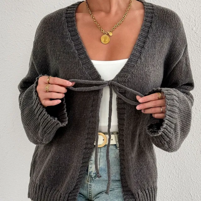 Sexy Deep V neck Lace up Knitted Solid Color Long Sleeve Sweater Coat Gray - Shop at LoveMi