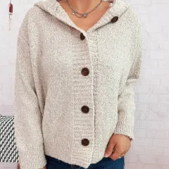 Casual Thickening Hooded Single-breasted Knitted Cardigan Solid Colour Sweater Coat - Apricot - View 1