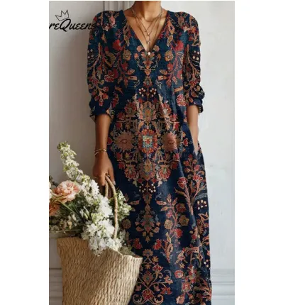 European And American Fashion Women's Wear Loose fitting V neck Long Sleeves Printed Dress Kvc37 - Shop at LoveMi