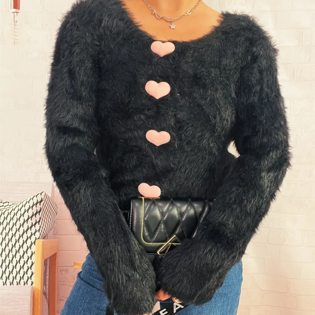 Commuter Cute Heart Button Solid Color Mink-like Knitted Cardigan Sweater - Black