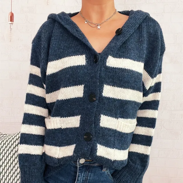 Casual Loose Plus sized Hooded Single breasted Long Sleeve Sweater For Women Blue - Shop at LoveMi