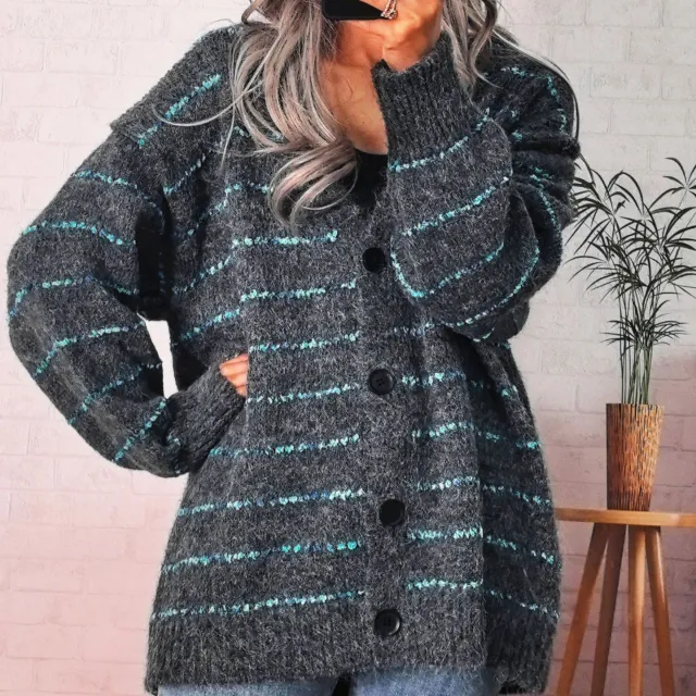 Retro Loose Striped Contrast Color Single breasted Long Knitted Sweater Coat Gray - Shop at LoveMi