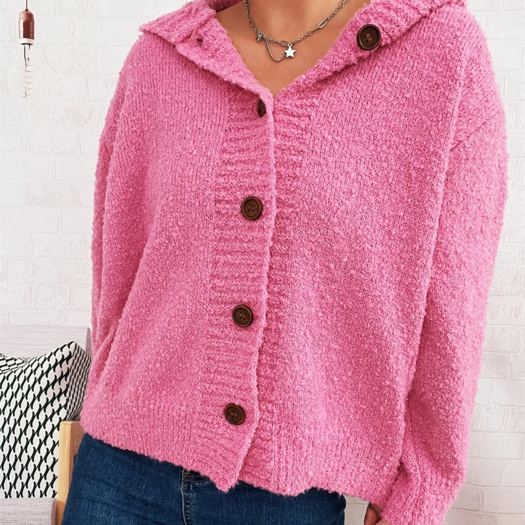 Casual Thickening Hooded Single-breasted Knitted Cardigan Solid Color Sweater Coat - Pink