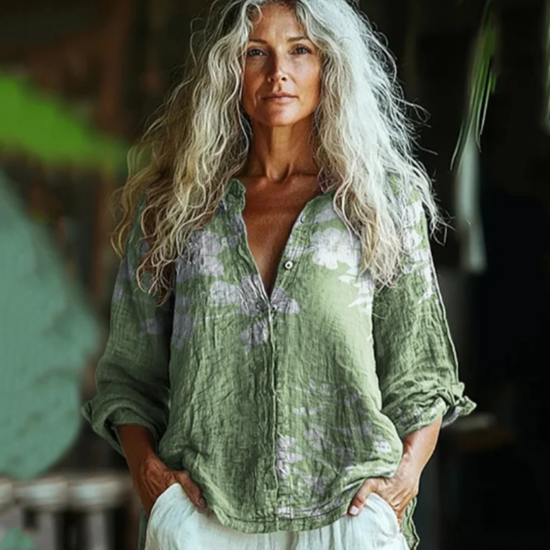 Boho Style Green Linen Floral Art Print Long Sleeve Shirt