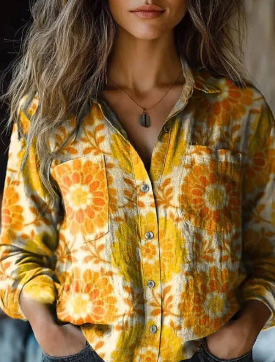 Women's Bright Sunflower Print Casual Long Sleeve Cotton Shirt Yellow - Shop at LoveMi