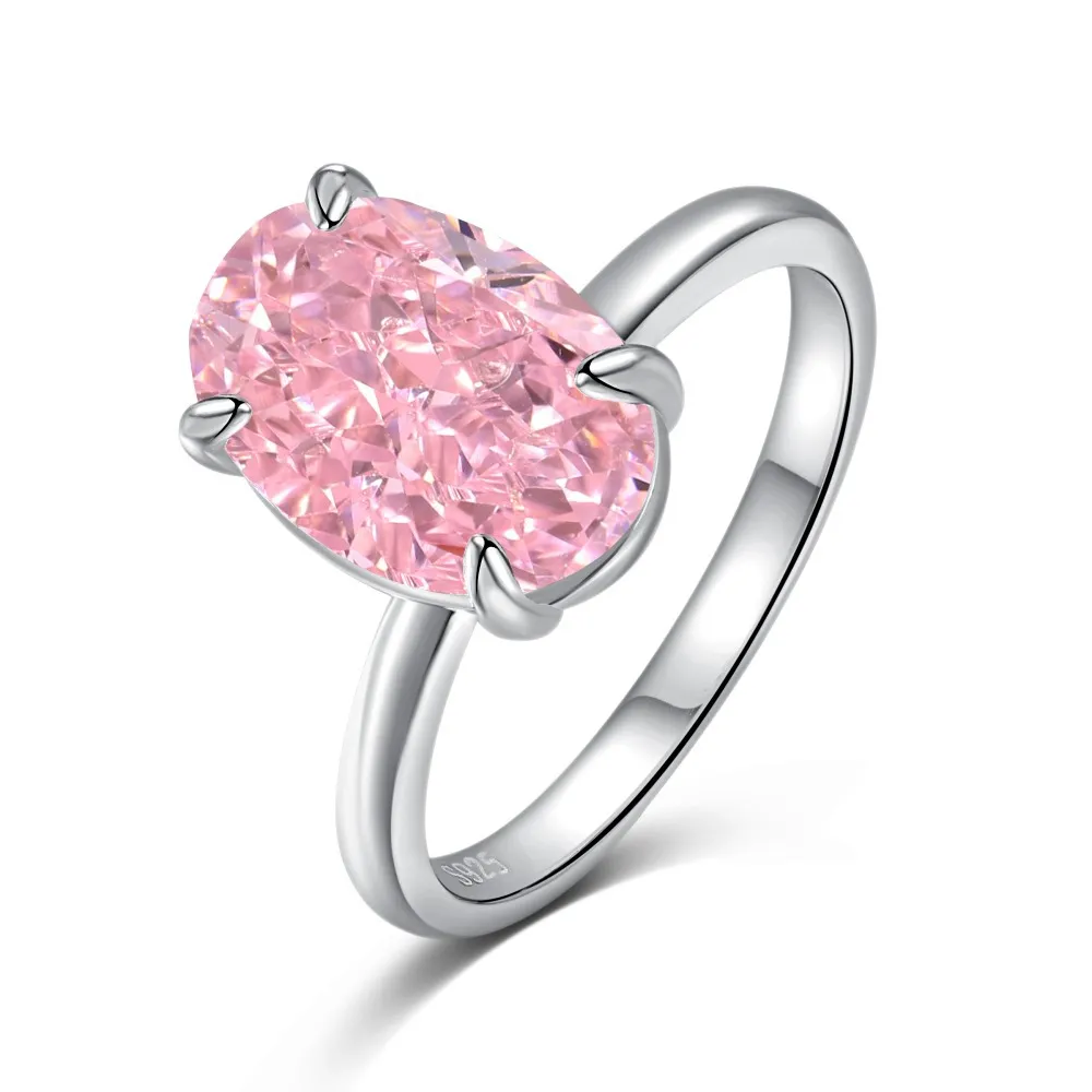 Silver Oval Big Diamond Ring For Women - Pink
