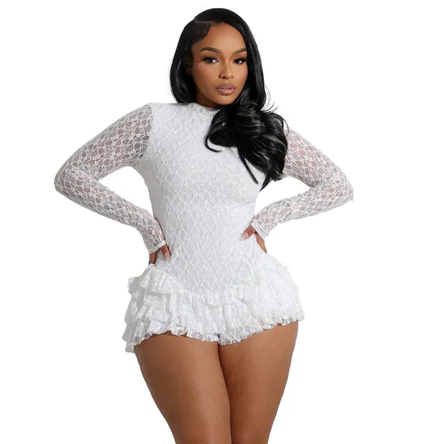 Women's Sexy Lace Long Sleeve Shorts Wooden Ear Backless Jumpsuit White - Shop at LoveMi