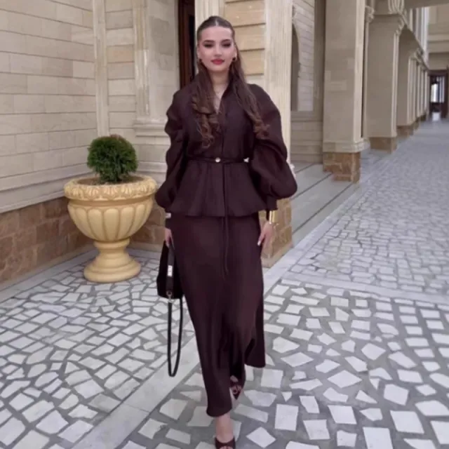 V Neck Cardigan & High Waist Skirt 2 Piece Set Brown - Shop at LoveMi