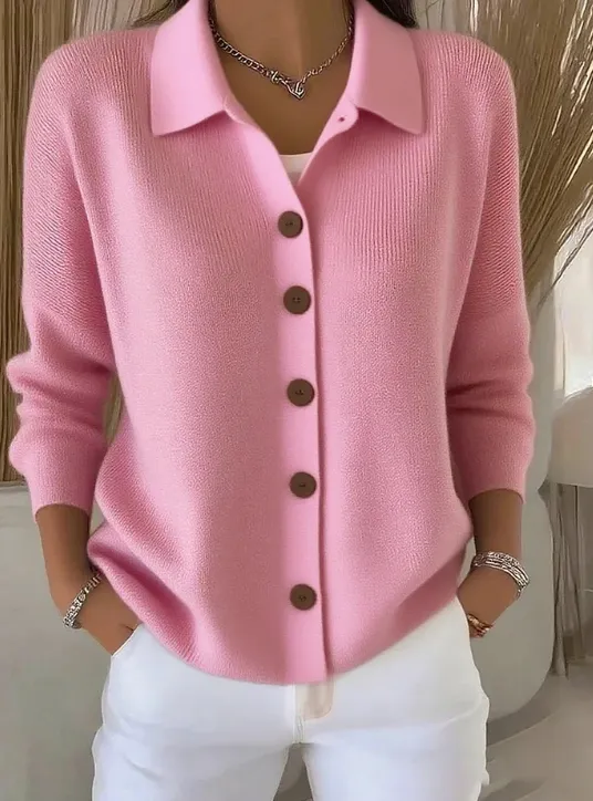Women's Lapel Button Knitted Cardigan Sweater Pink - Shop at LoveMi