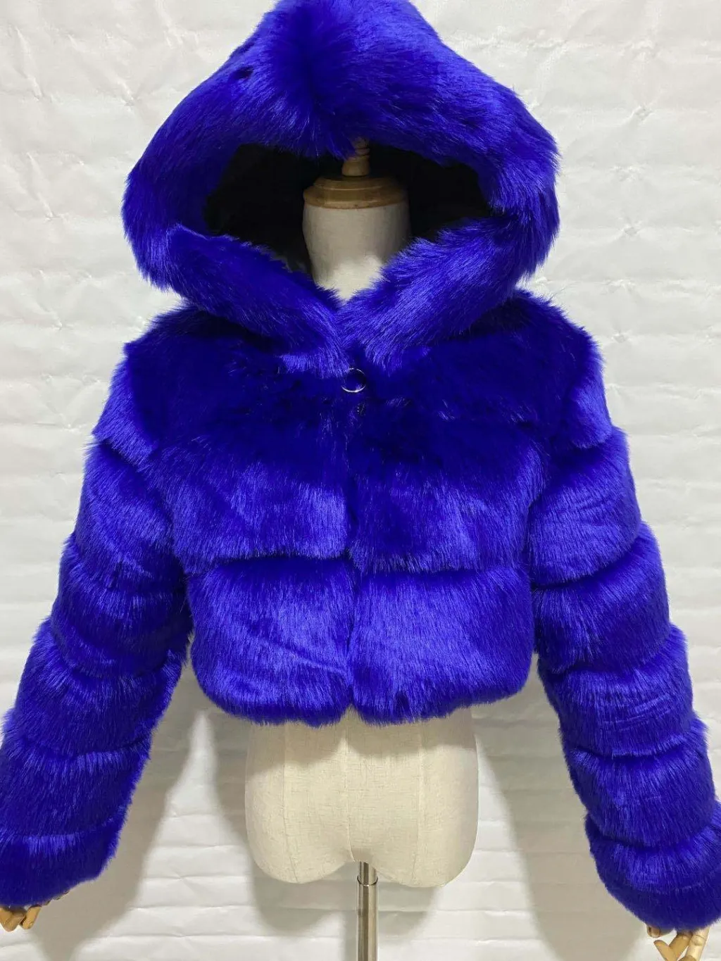 Short Hood Fox Fur Women's Long Sleeve Stitching Coat - Blue