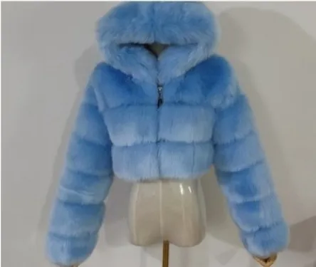 Short Hood Fox Fur Women's Long Sleeve Stitching Coat Sky Blue - Shop at LoveMi