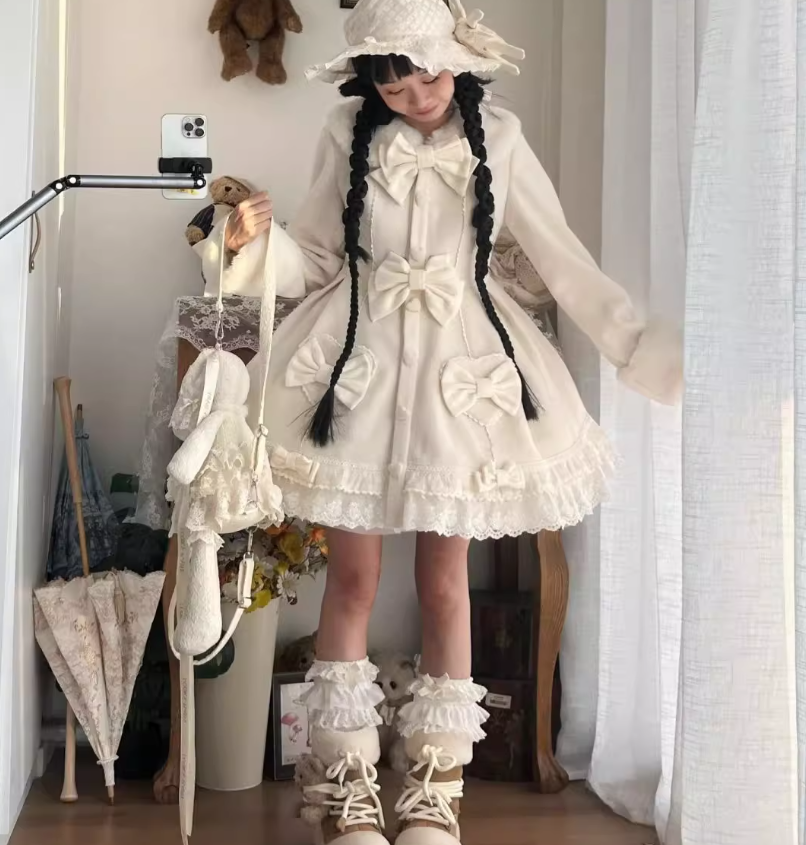 Women's Sweet Cute Winter Bow Coat White - Shop at LoveMi
