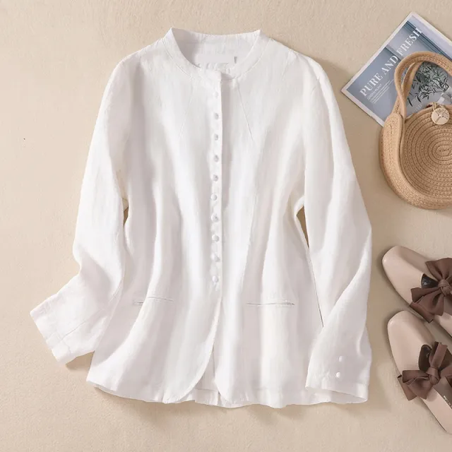 Thin Loose Top Art Stand Collar Linen Suit White - Shop at LoveMi