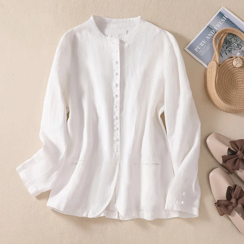 Thin Loose Top Art Stand Collar Linen Suit - White