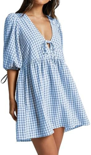 Women's Fashion V neck Lace up Plaid Dress Blue And White - Shop at LoveMi