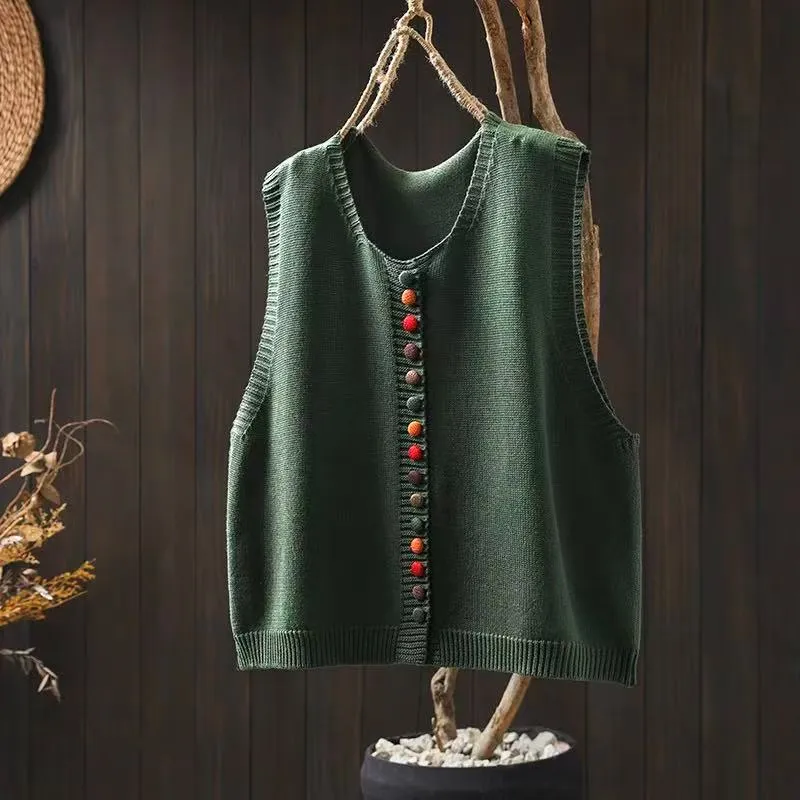 Color Button Vest Bandage Dress Knitted Vest Top - Green