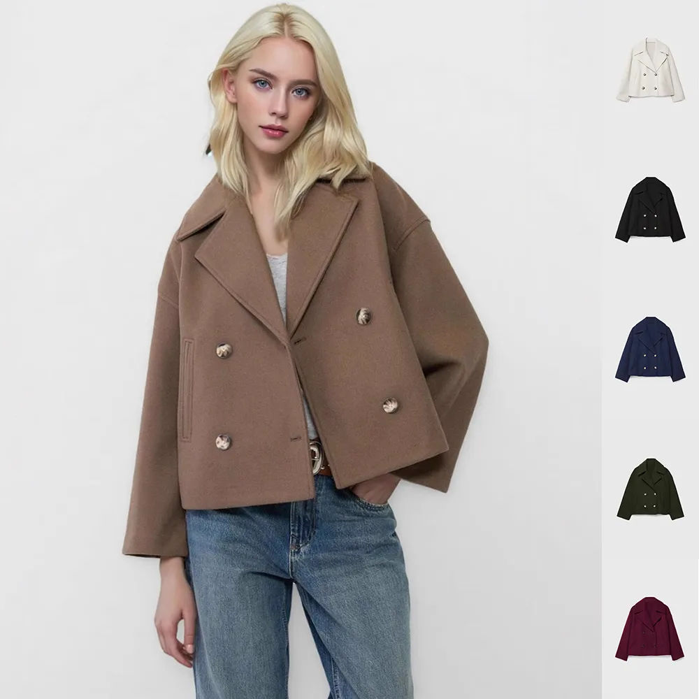 Double-breasted Lapel Blazer Jacket Fashion Loose Woolen Short Coat