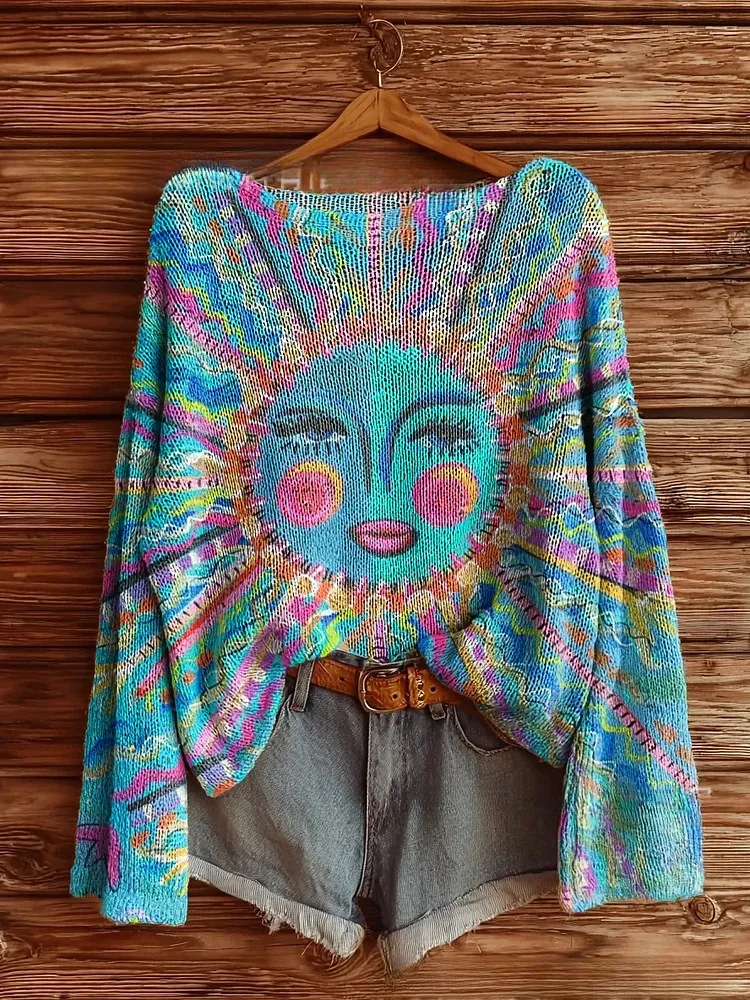 Pattern Shading Women's Printed Wear Round Neck Imitation Sweater - 3 Models E963