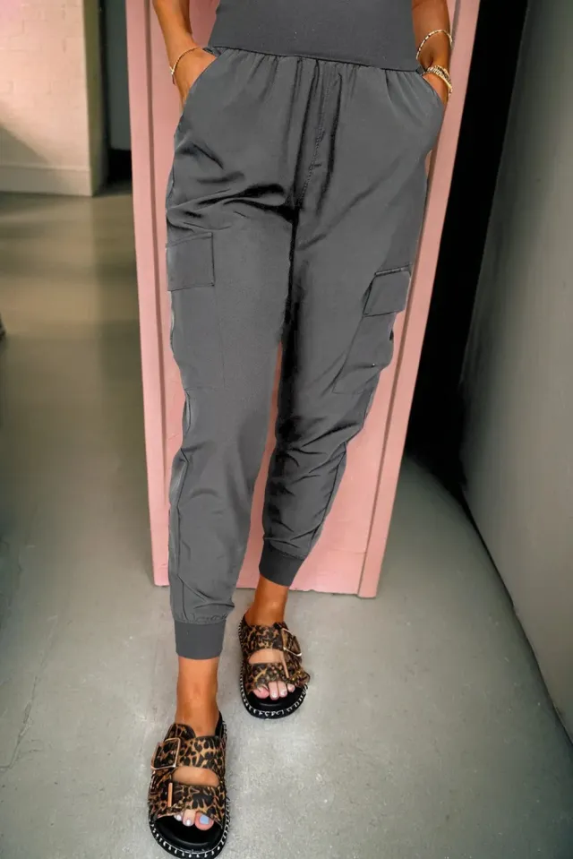 Black Elastic High Waist Pocketed Cargo Jogger Pants Grey - Shop at LoveMi