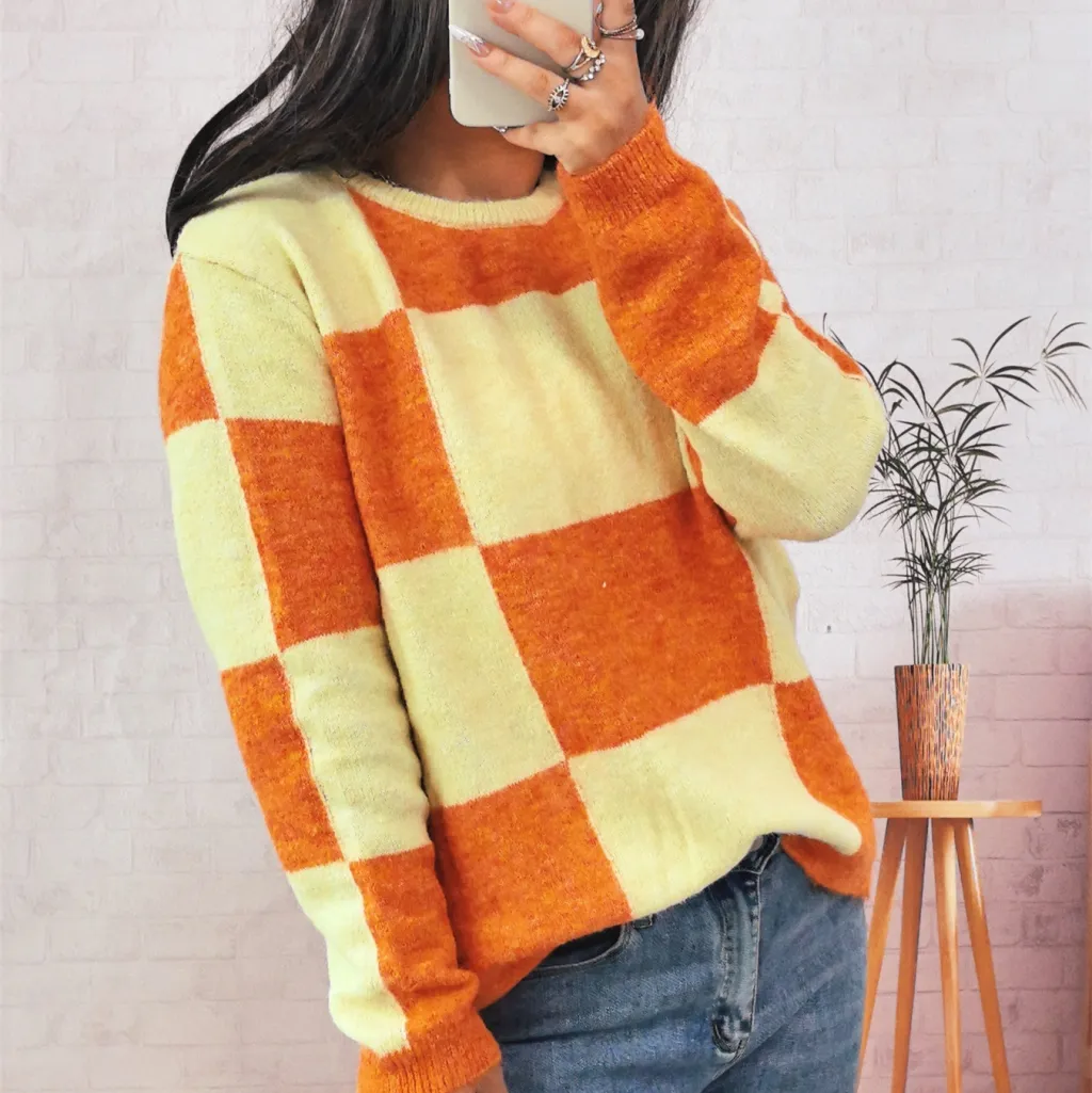 Simple Casual Large Plaid Contrast Colour Round Neck Long Sleeve Sweater Women - Orange