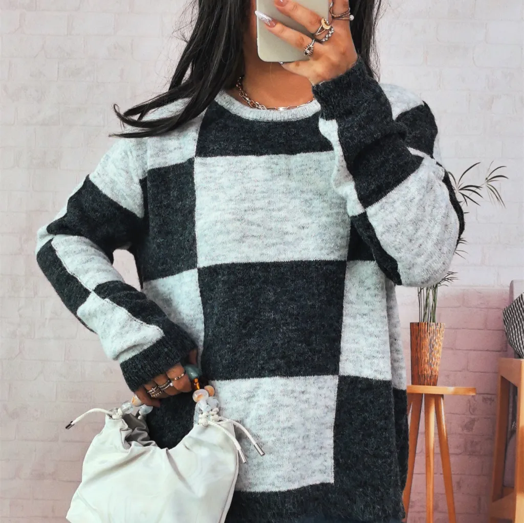 Simple Casual Large Plaid Contrast Color Round Neck Long Sleeve Sweater Women - Dark Gray