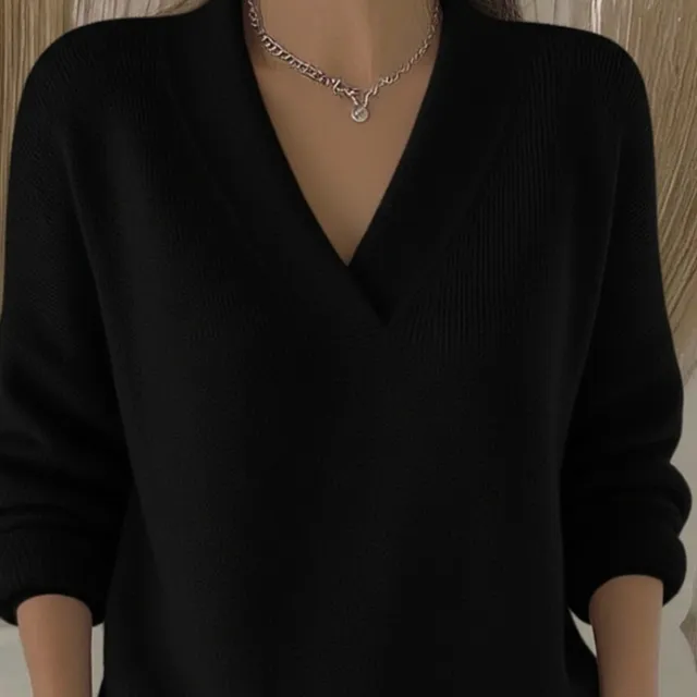 Elegant Soft V neck Long Sleeve Women's Sweater Knitted Loose Sweater Autumn And Winter New Solid Color Casual Fashion Women's Knitted Sweater Black - Shop at LoveMi