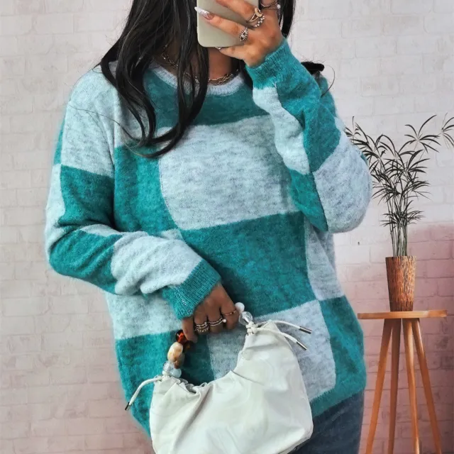 Simple Casual Large Plaid Contrast Color Round Neck Long Sleeve Sweater Women Green - Shop at LoveMi