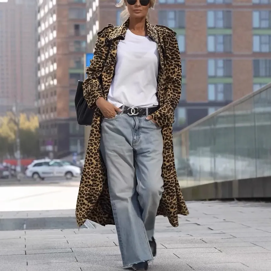 Leopard Print Women's Ultra-long Slim-fit Large Lapel Coat - Colour