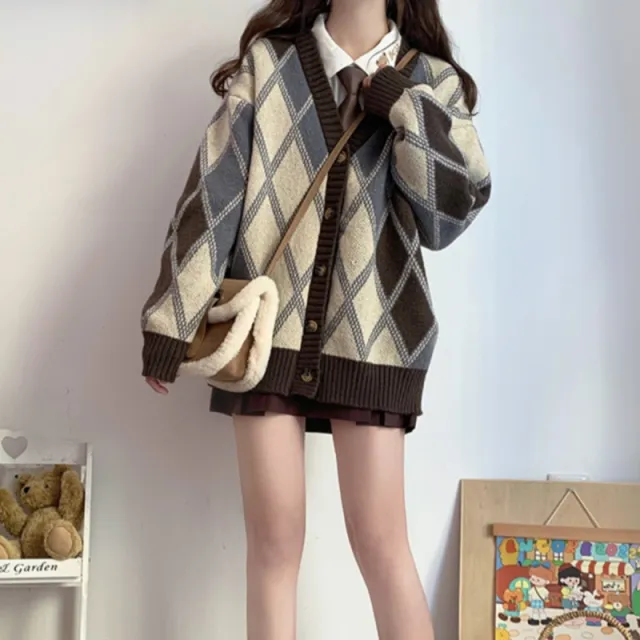 Diamond Lattice V neck Knitted Cardigan Sweater Coat For Women Autumn And Winter Brown - Shop at LoveMi