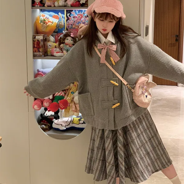Japanese Woolen Soft Girl Thick Checks Suede All matching Long Dress Average Size - Shop at LoveMi