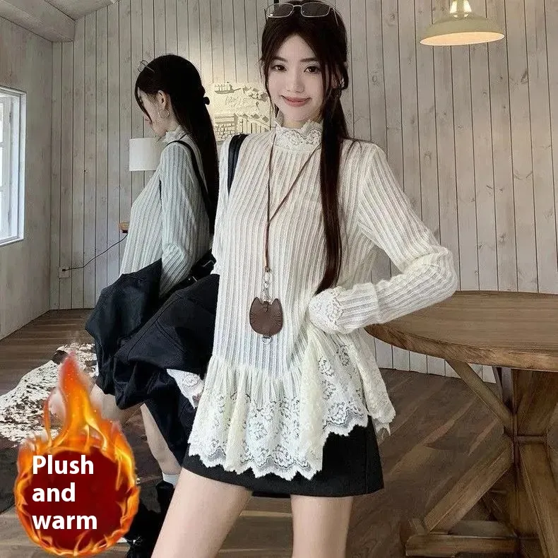 Niche All-matching Youthful-looking Bottoming Shirt Top - White With Fleece Lining