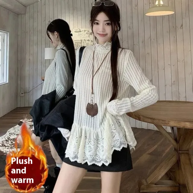 Niche All matching Youthful looking Bottoming Shirt Top White With Fleece Lining - Shop at LoveMi