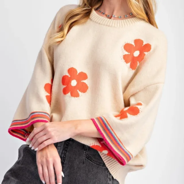 Flower Jacquard Contrast Color Elegant Autumn Knitted Apricot - Shop at LoveMi