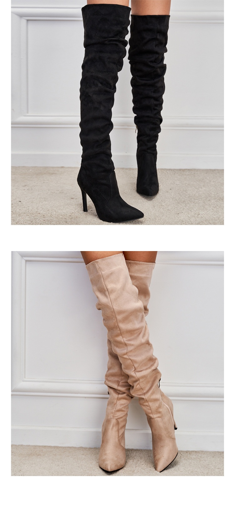 Pointed-Toe Suede Stiletto Boots with High Zipper — European / American Chic