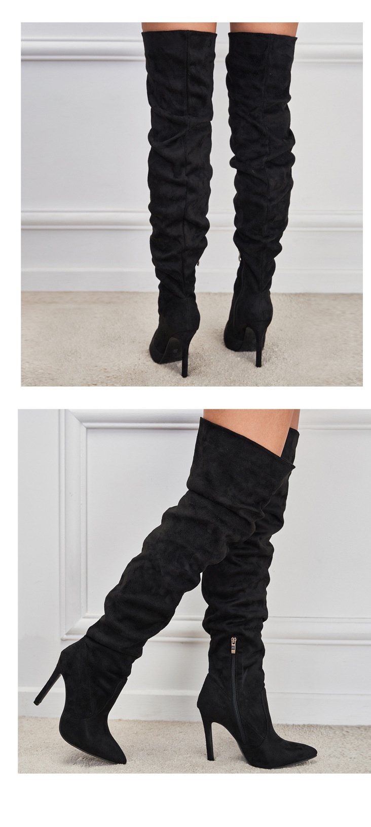 Pointed-Toe Suede Stiletto Boots with High Zipper — European / American Chic