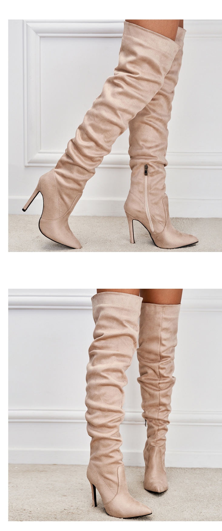 Pointed-Toe Suede Stiletto Boots with High Zipper — European / American Chic