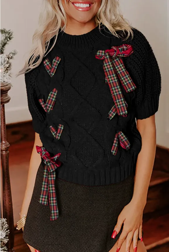 Fiery Red Plaid Lace Up Detail Christmas Holiday Puff Short Sleeve Sweater Black - Shop at LoveMi