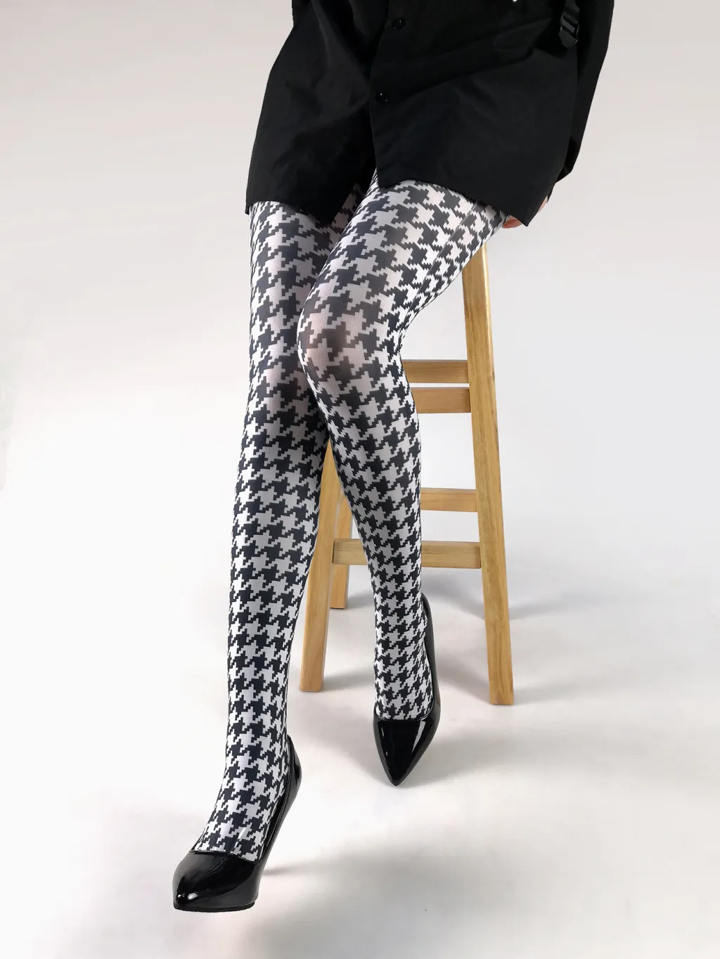 Japanese Color Rose Printed Pantyhose - Black And White Thousand Birds