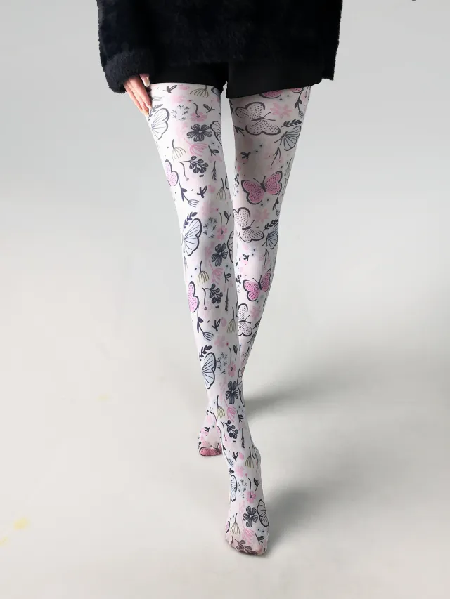 Japanese Color Rose Printed Pantyhose White Socks Pink Butterfly - Shop at LoveMi