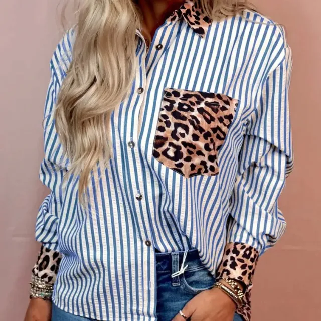 Sky Blue Striped Leopard Print Patchwork Button Up Womens Shirt Leopard - Shop at LoveMi