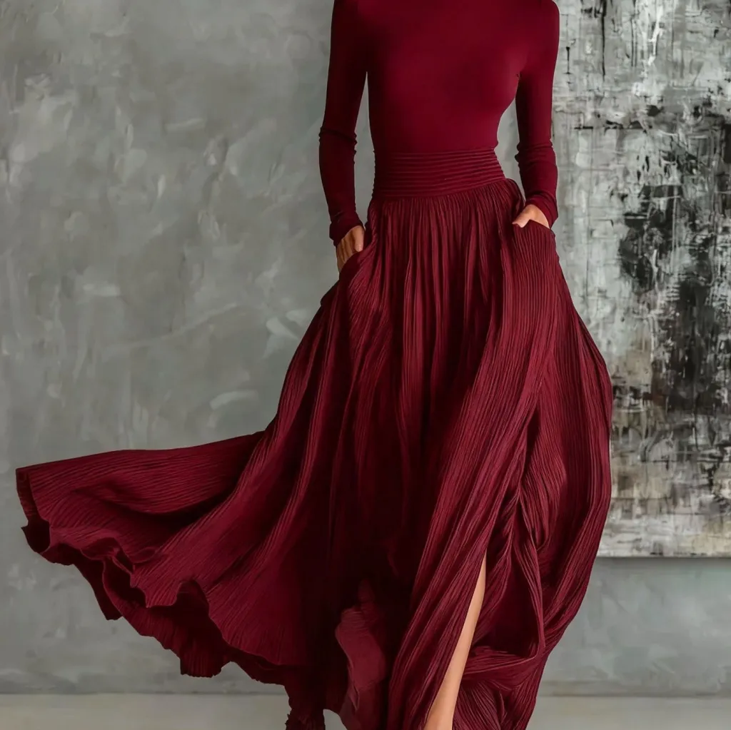 Elegant Retro Light Luxury Slim Fit Gentle Niche Dress Women - Dark Red