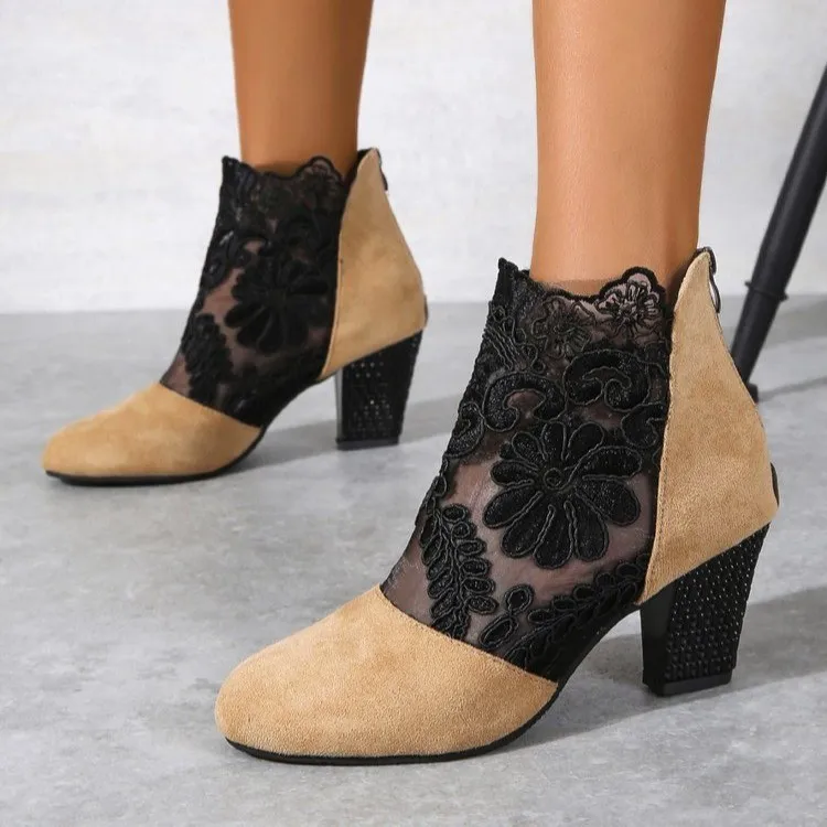 Fashion Lace Round Toe Women's Thick Heel Shoes - Apricot