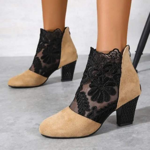 Fashion Lace Round Toe Women's Thick Heel Shoes Apricot - Shop at LoveMi