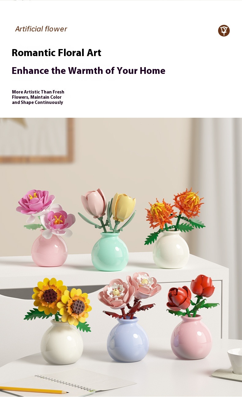 Building Block Flower Educational Assembled Toys Vase Series Ornaments