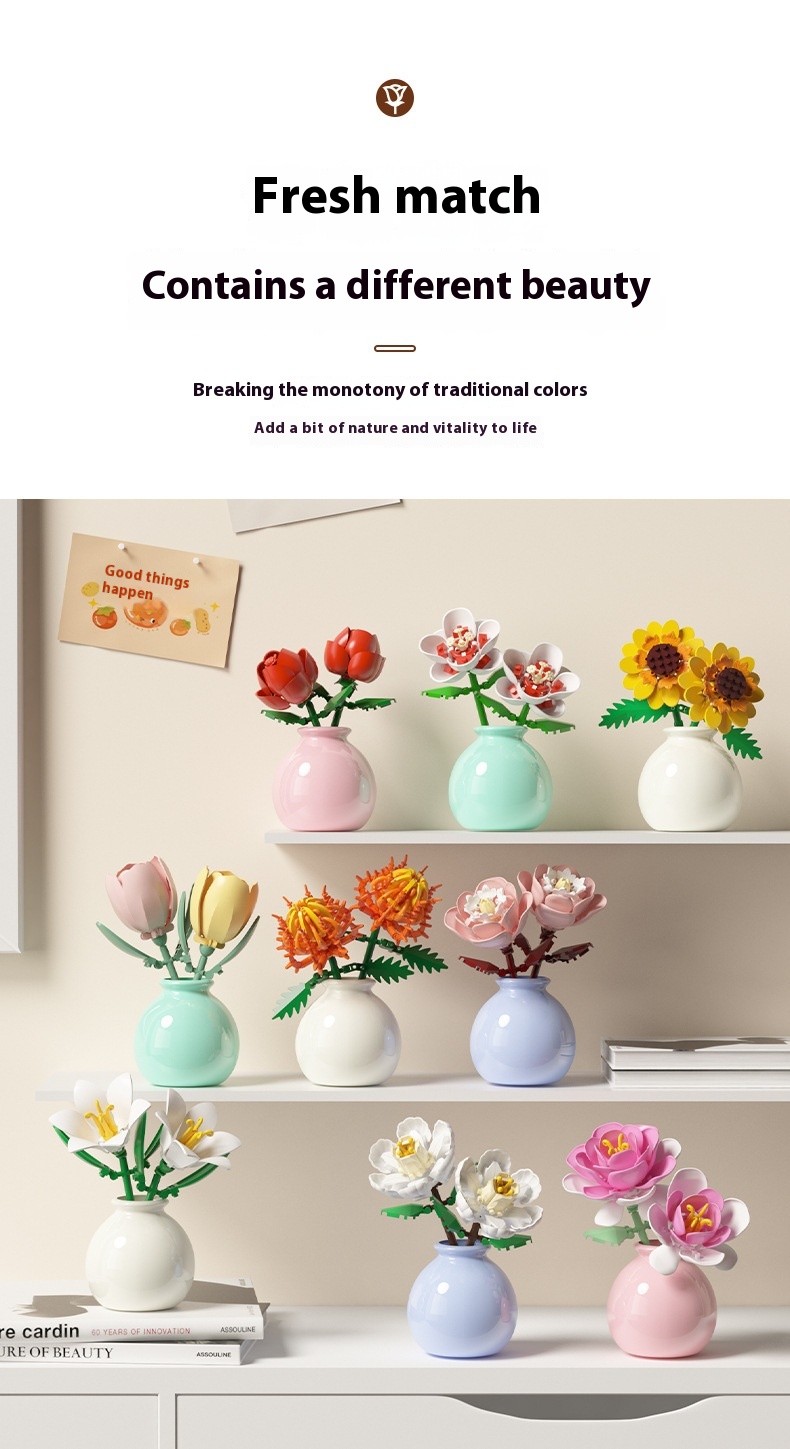 Building Block Flower Educational Assembled Toys Vase Series Ornaments
