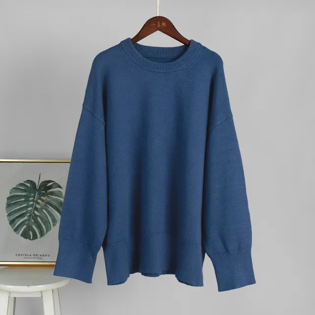Loose And Warm Simple Pullover Solid Color Knitted Sweater Navy - Shop at LoveMi